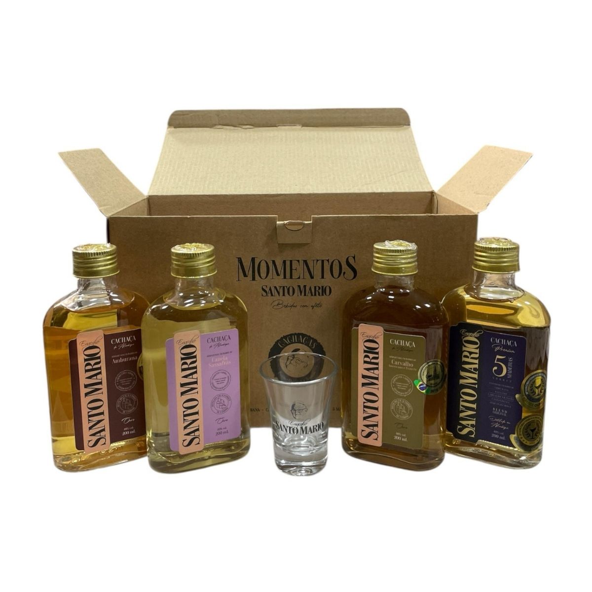 Kit Presente Momentos 4x Cachaça 200ml + Copo Dose | Santo Mario
