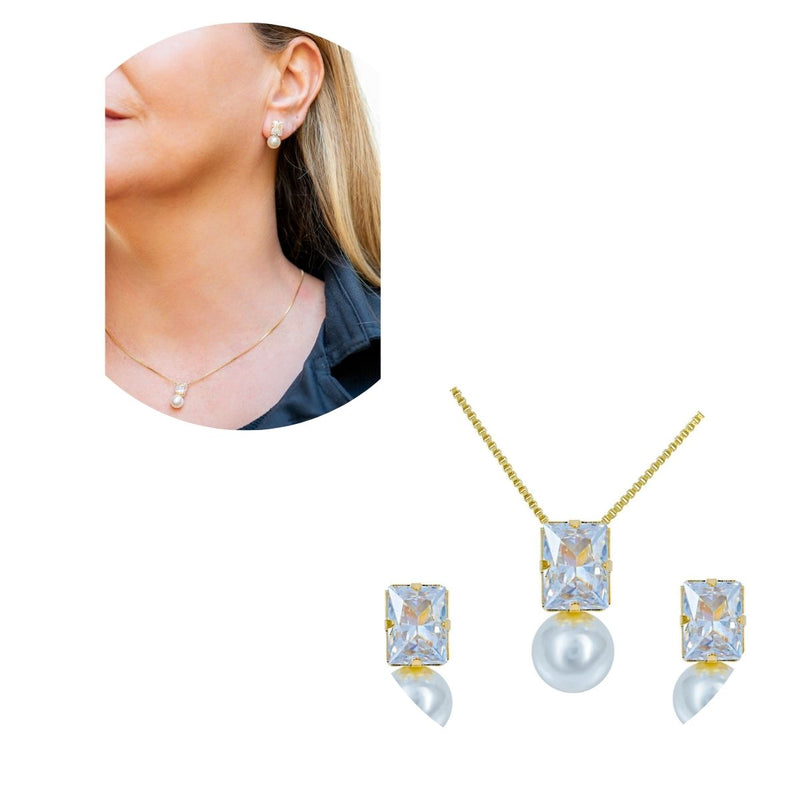 Conjunto Colar + Brinco Zircônia com Pérola | Banhado em Ouro 18k