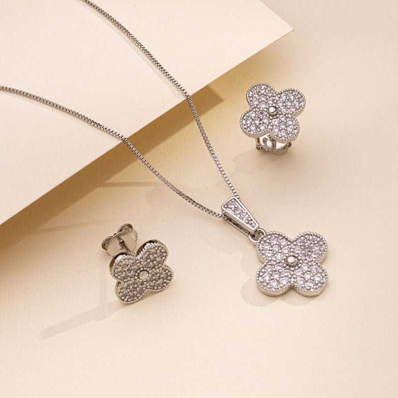 Conjunto Colar + Brinco Trevo com Zircônias | Banhado em Ouro 18k