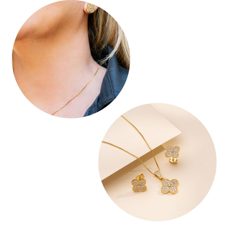 Conjunto Colar + Brinco Trevo com Zircônias | Banhado em Ouro 18k