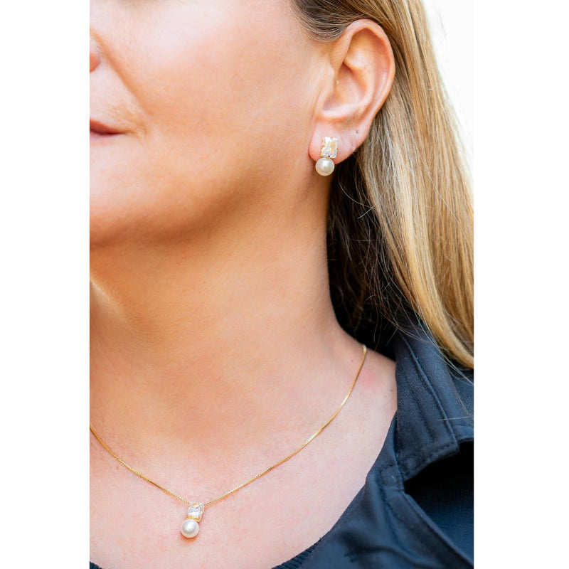 Conjunto Colar + Brinco Zircônia com Pérola | Banhado em Ouro 18k