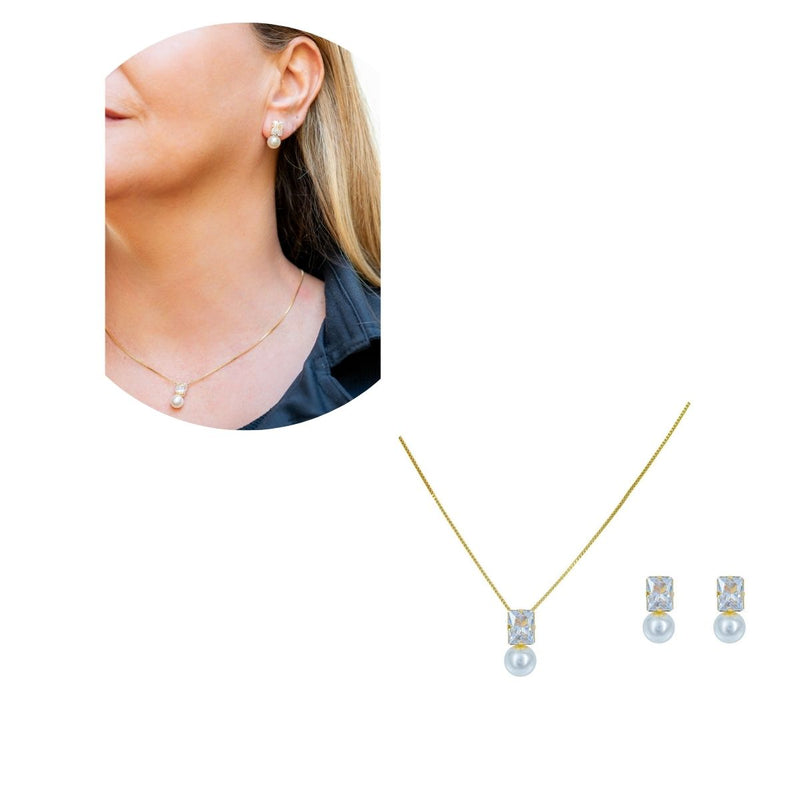 Conjunto Colar + Brinco Zircônia com Pérola | Banhado em Ouro 18k