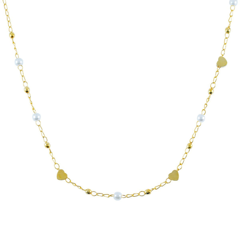 Colar Pérolas com Corações Lisos | Banhado em Ouro 18k