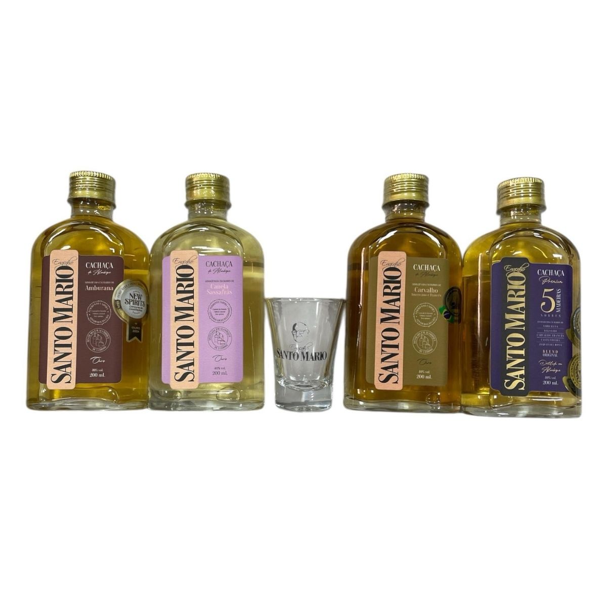 Kit Presente Momentos 4x Cachaça 200ml + Copo Dose | Santo Mario