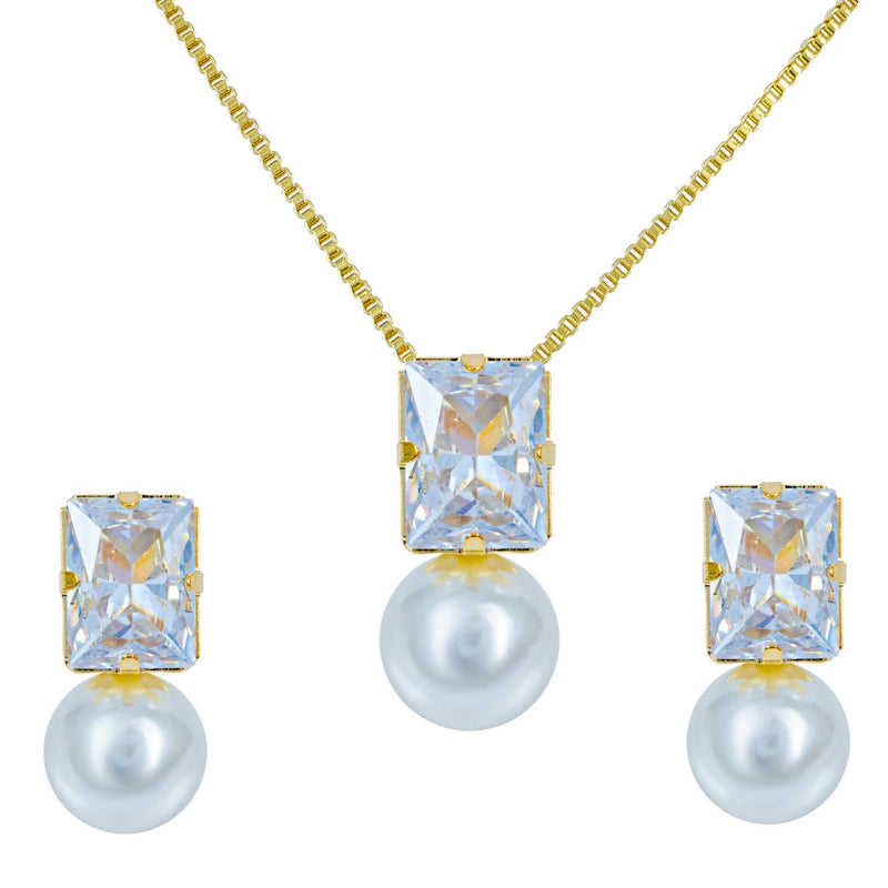 Conjunto Colar + Brinco Zircônia com Pérola | Banhado em Ouro 18k