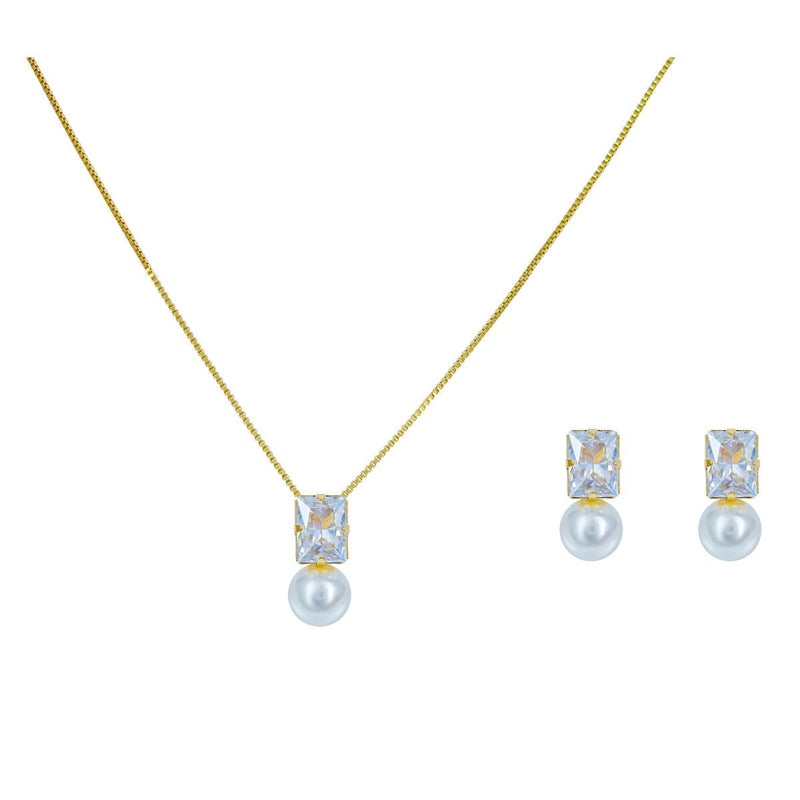 Conjunto Colar + Brinco Zircônia com Pérola | Banhado em Ouro 18k