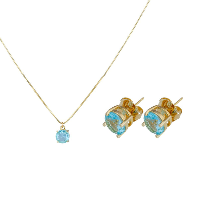 Conjunto Colar + Brinco Aqua Marine Dourado | Banhado a Ouro 18k