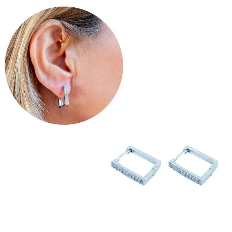 Brinco Articulado Retângulo Zircônias | Banhada Ródio Branco